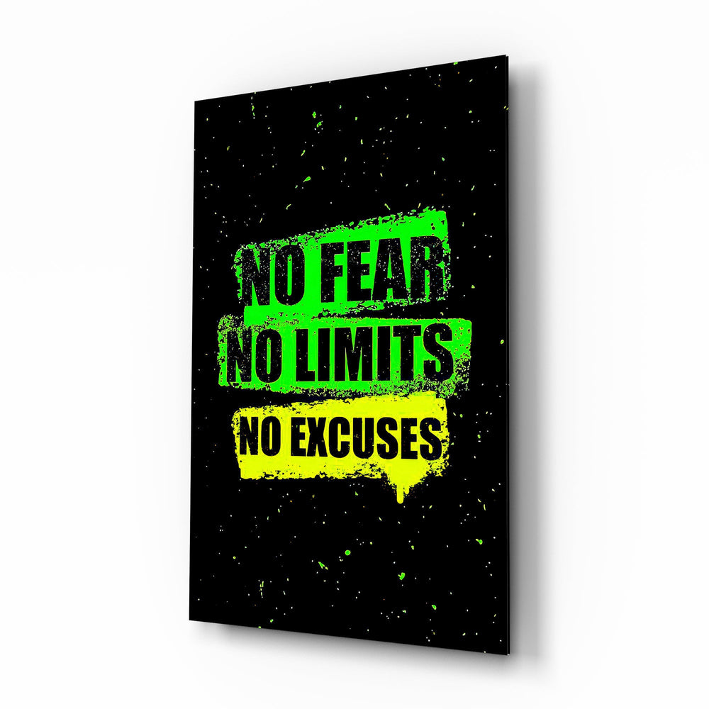 No Limits No Excuses Neon Green Glass Wall Art - Lifestyle preview in a designer interior
