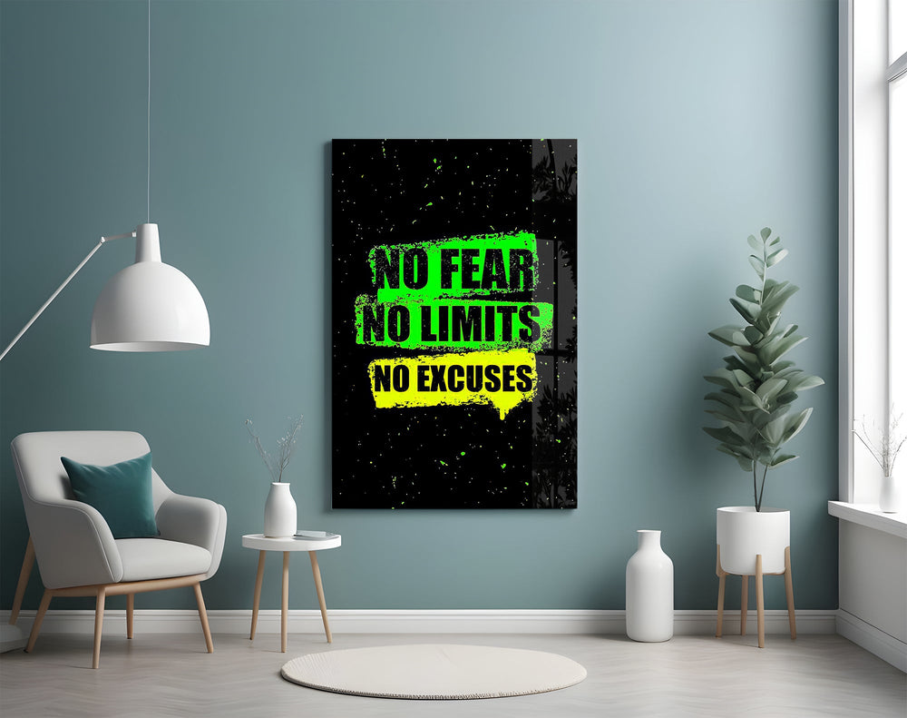 neon green gym motivation typography glass wall art styled above an armchair in a reading corner