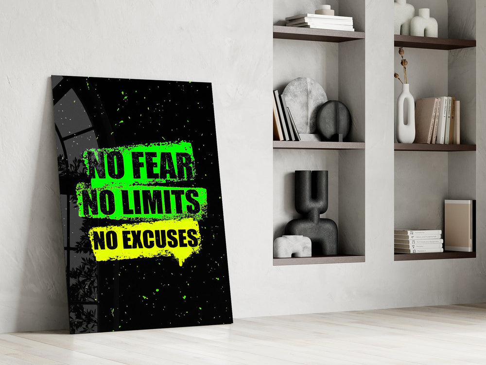 neon green gym motivation typography panel resting in a shelving niche in a modern interior