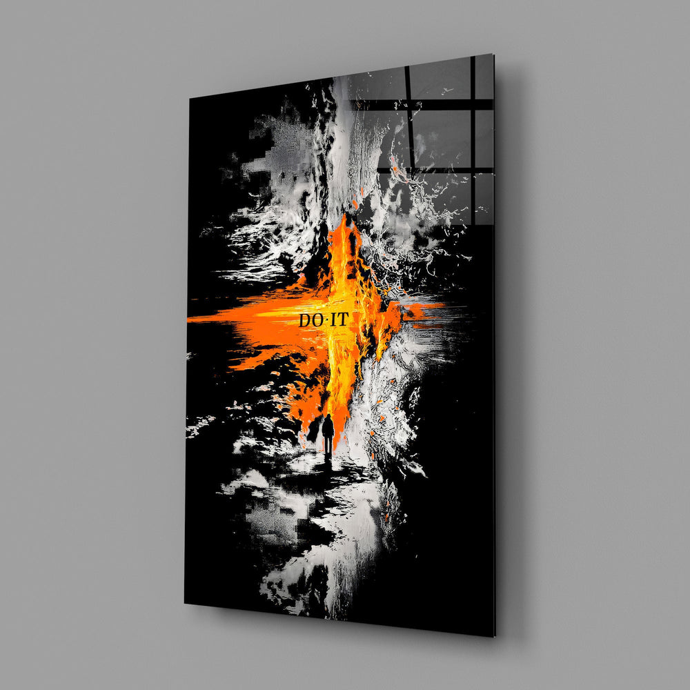 orange lava rift and lone figure glass wall art angled to show the polished tempered glass panel