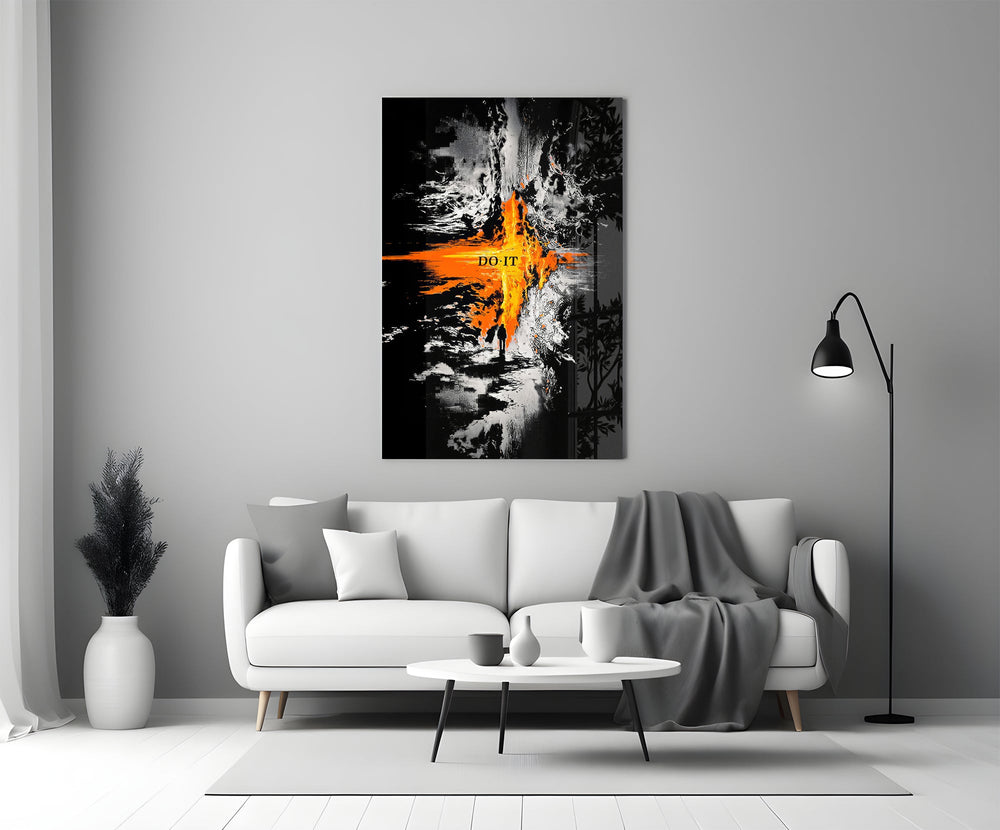 orange lava rift and lone figure panel bringing character to a minimalist living room wall