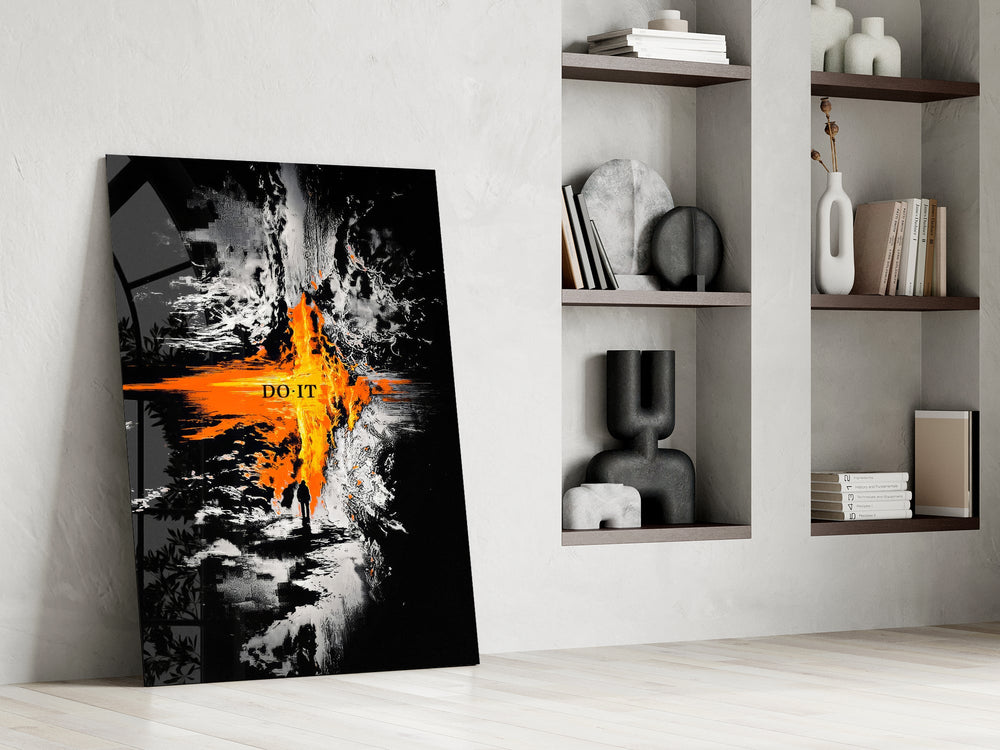 orange lava rift and lone figure panel resting in a shelving niche in a modern interior