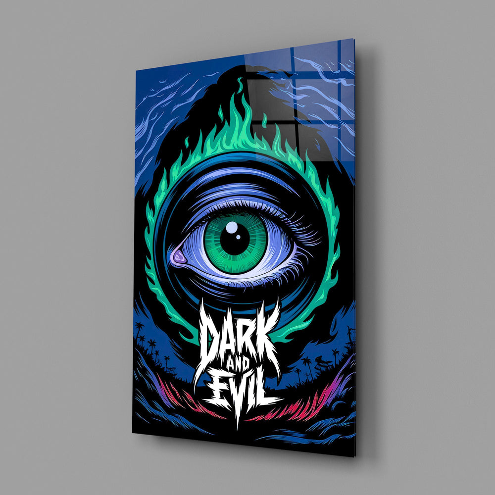 green flame eye over a night coastline glass wall art angled to show the polished tempered glass panel