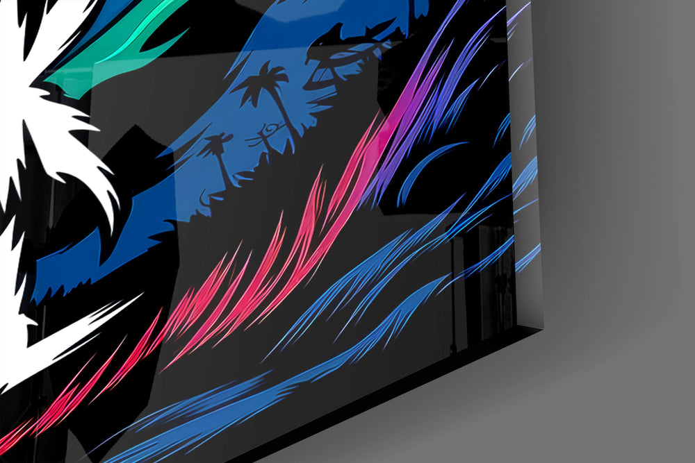 Close-up detail of the green fire ringing the iris and the palm-lined horizon below on the glass surface