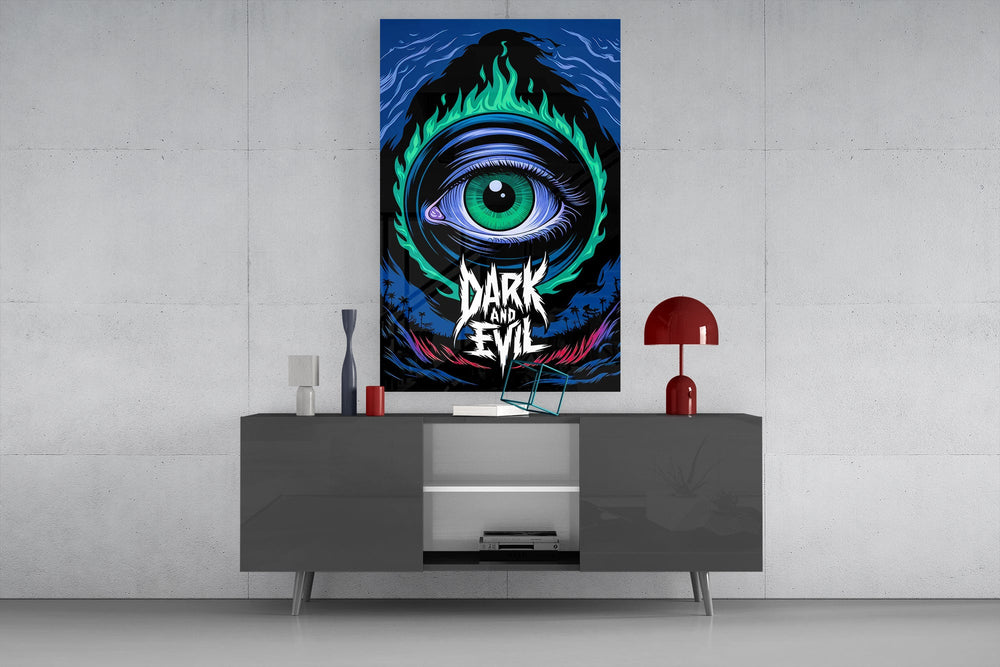 green flame eye over a night coastline glass wall art displayed above a console in a designer interior