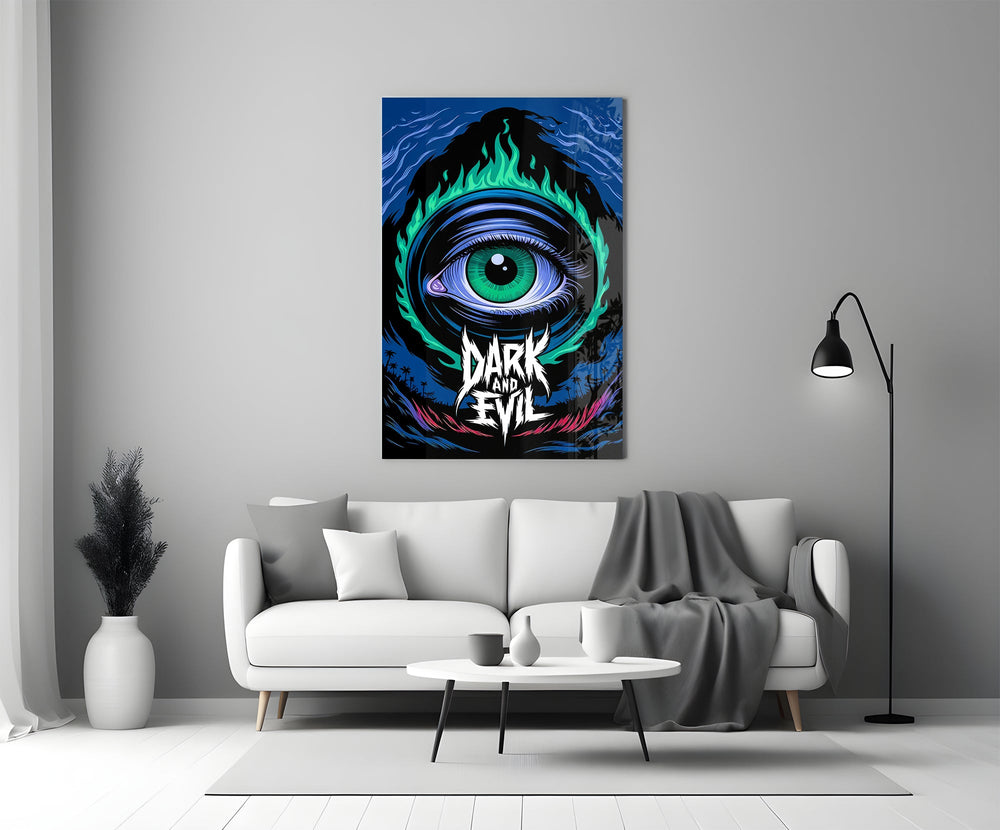 green flame eye over a night coastline panel bringing character to a minimalist living room wall