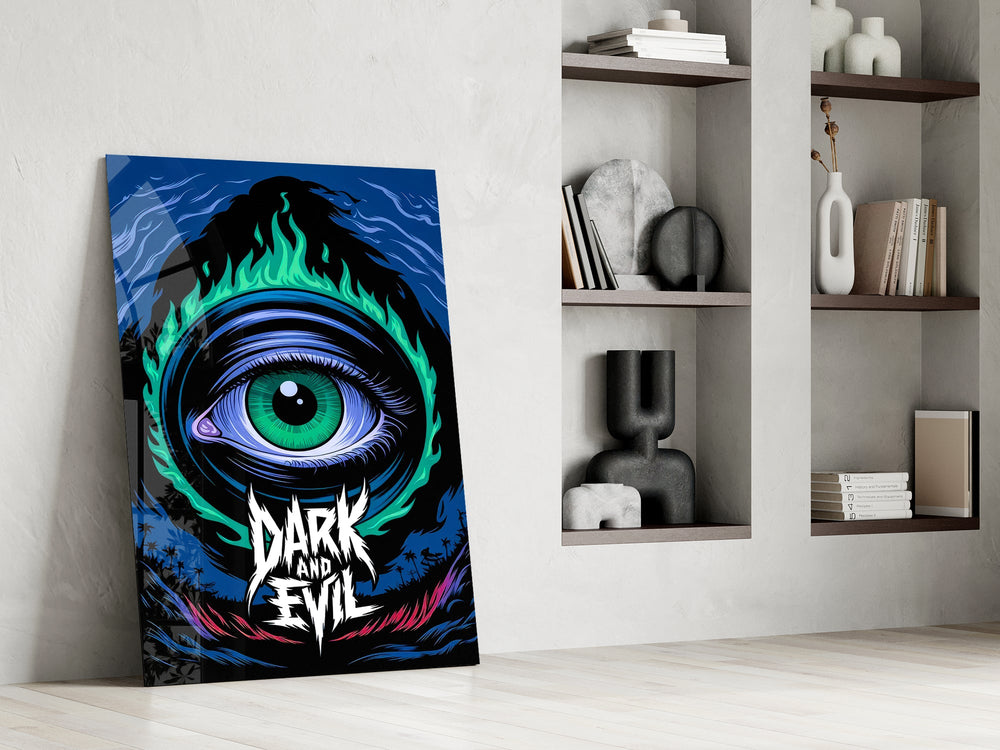 green flame eye over a night coastline panel resting in a shelving niche in a modern interior