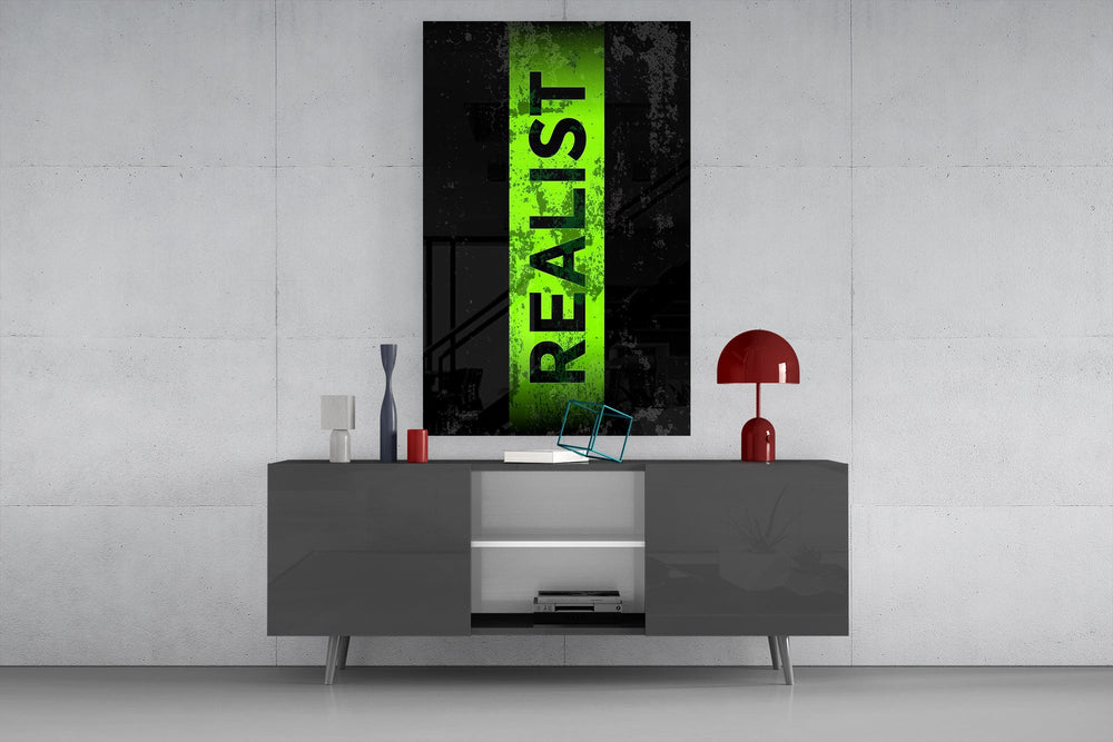 acid green stencil band on distressed black glass wall art displayed above a console in a designer interior