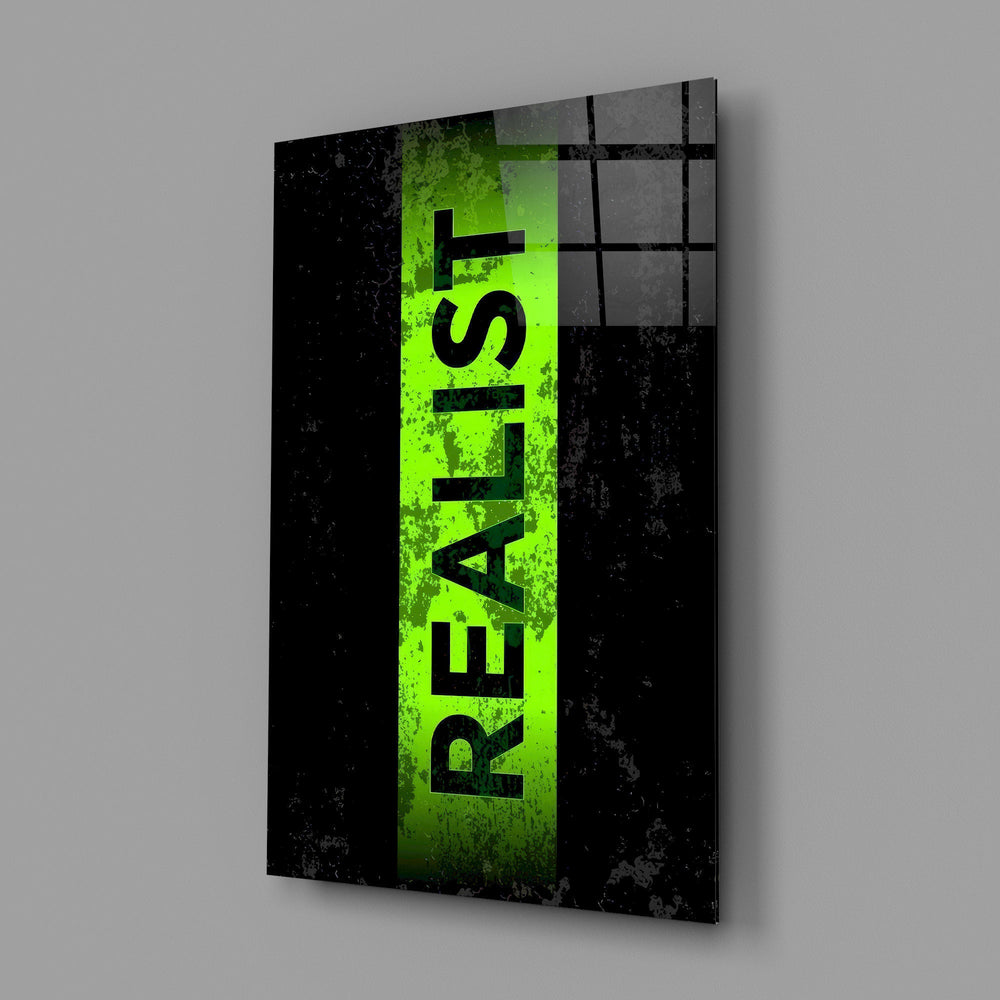 acid green stencil band on distressed black glass wall art angled to show the polished tempered glass panel