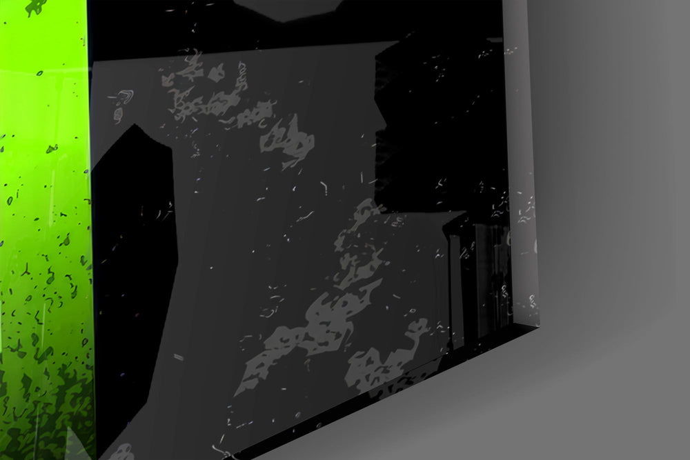 Close-up detail of the chipped stencil letters and the worn concrete texture on the glass surface
