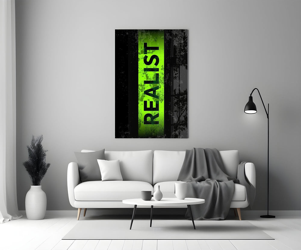 acid green stencil band on distressed black panel bringing character to a minimalist living room wall