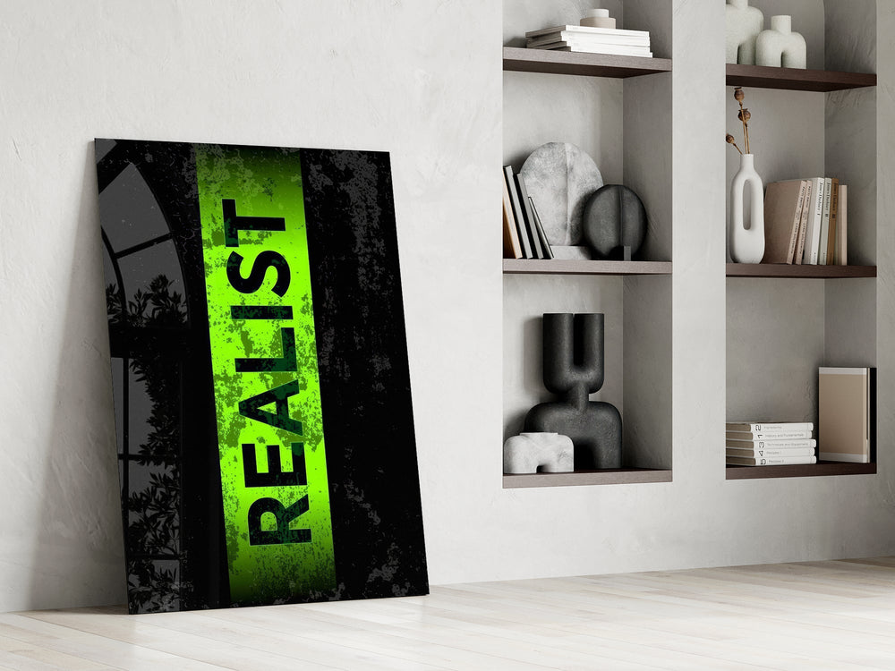 acid green stencil band on distressed black panel resting in a shelving niche in a modern interior