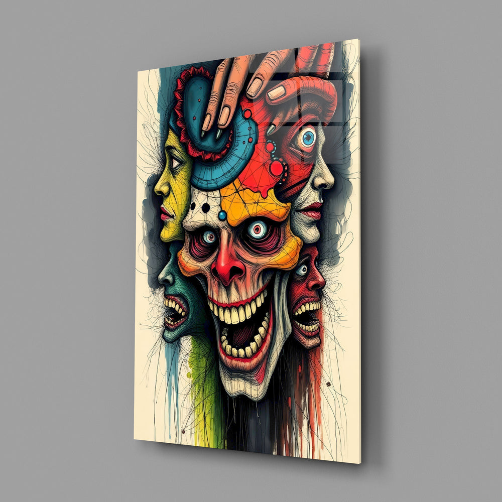 layered faces around a screaming skull glass wall art angled to show the polished tempered glass panel