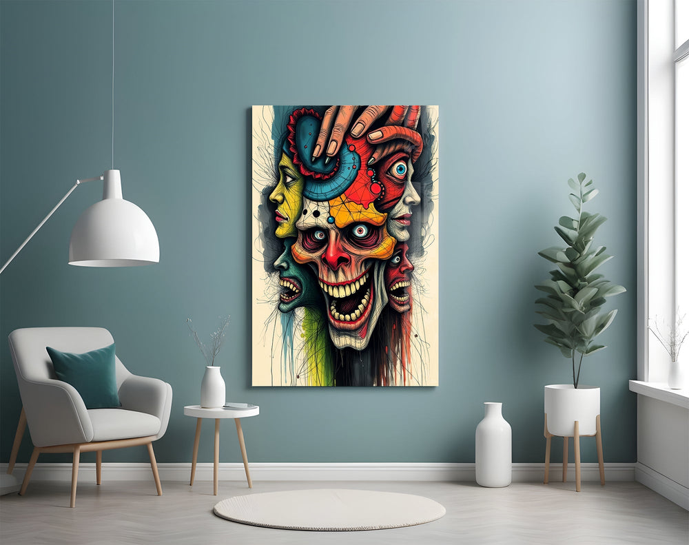 layered faces around a screaming skull glass wall art styled above an armchair in a reading corner