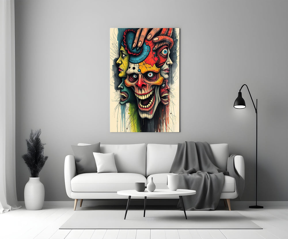 layered faces around a screaming skull panel bringing character to a minimalist living room wall