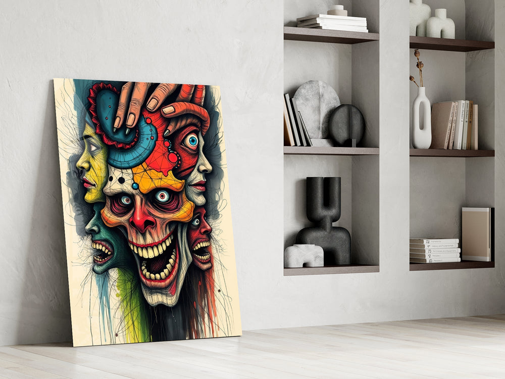 layered faces around a screaming skull panel resting in a shelving niche in a modern interior
