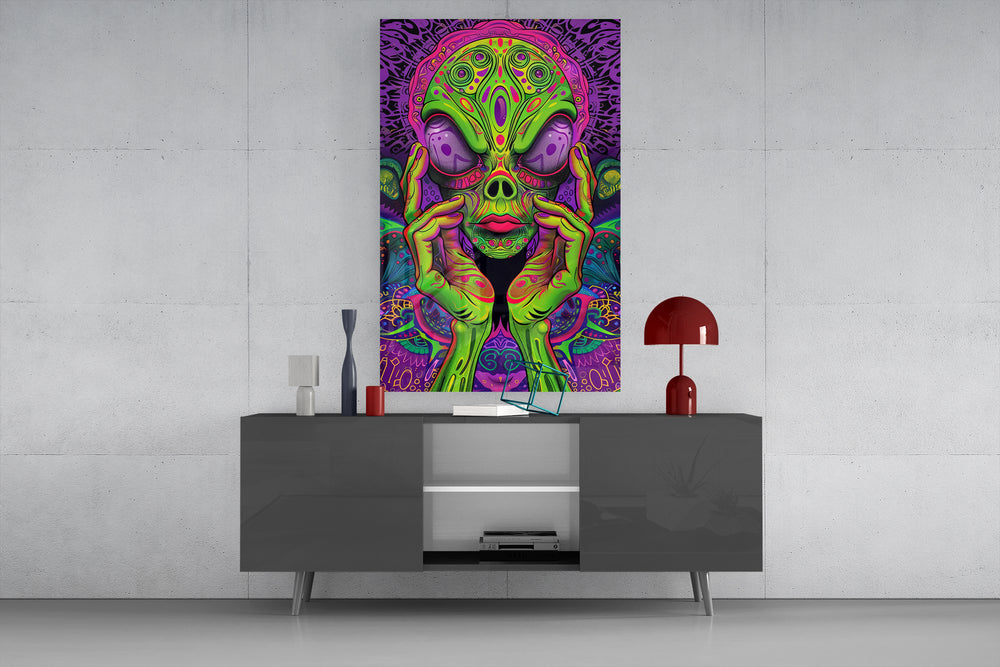 Volto alieno neon e fungo psichedelico quadro in vetro