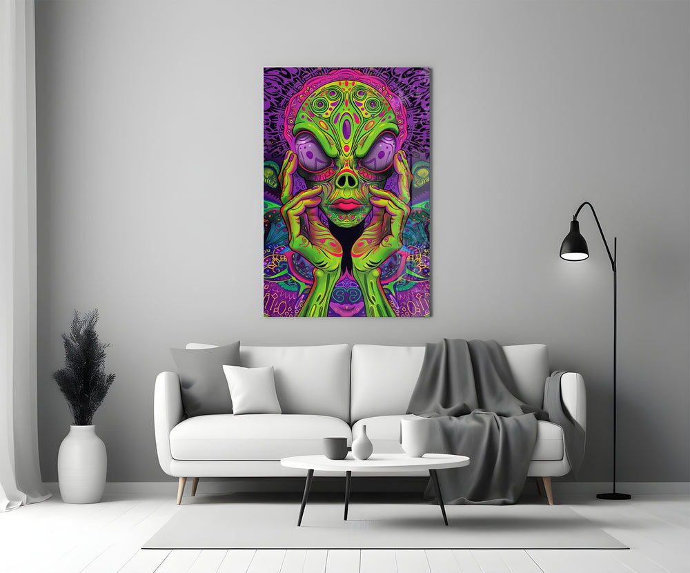 Volto alieno neon e fungo psichedelico quadro in vetro
