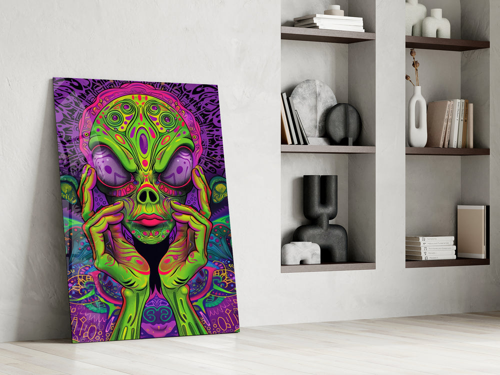 Volto alieno neon e fungo psichedelico quadro in vetro