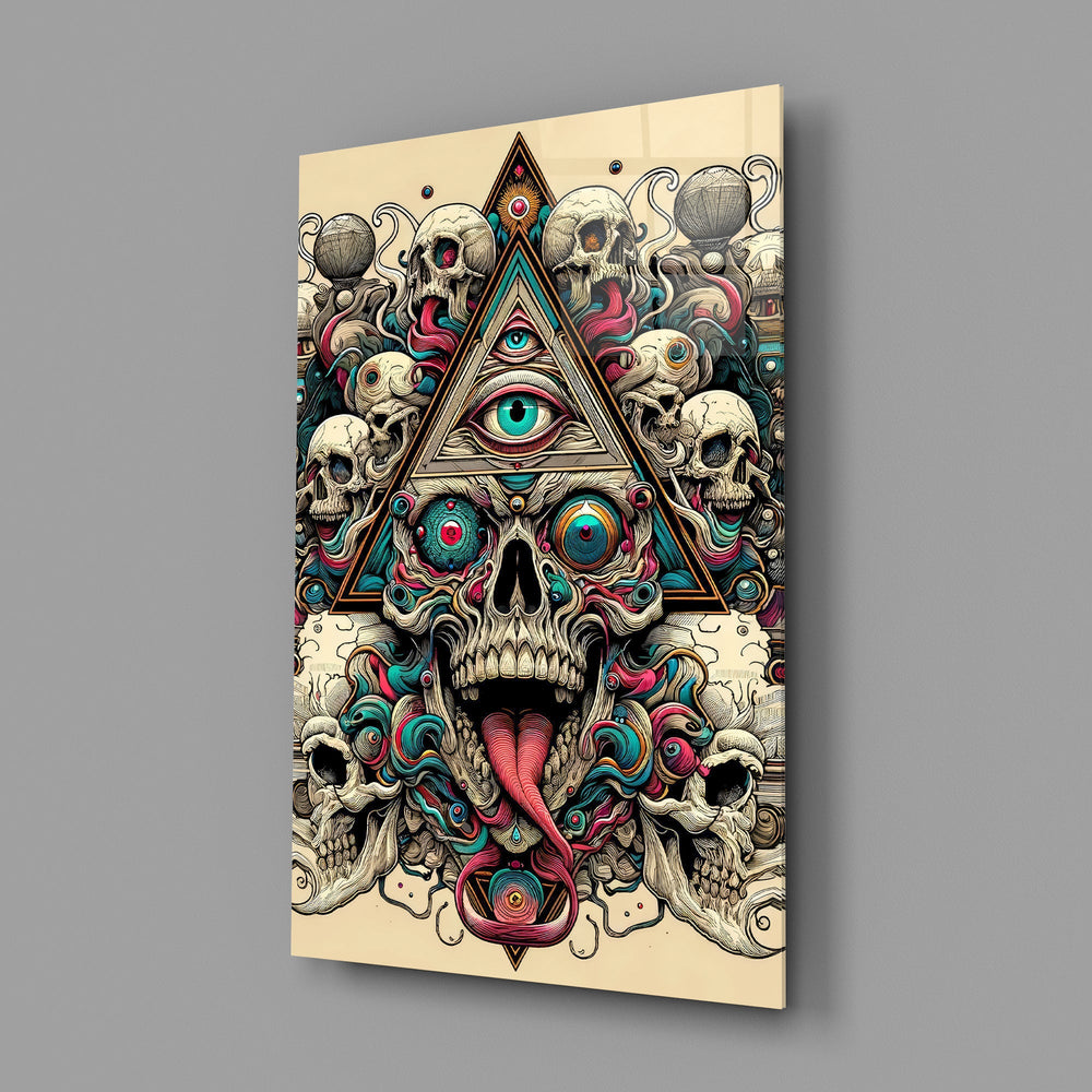 all seeing eye above a horned skull glass wall art angled to show the polished tempered glass panel