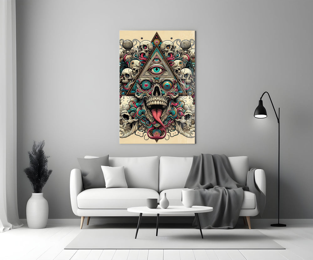 all seeing eye above a horned skull panel bringing character to a minimalist living room wall
