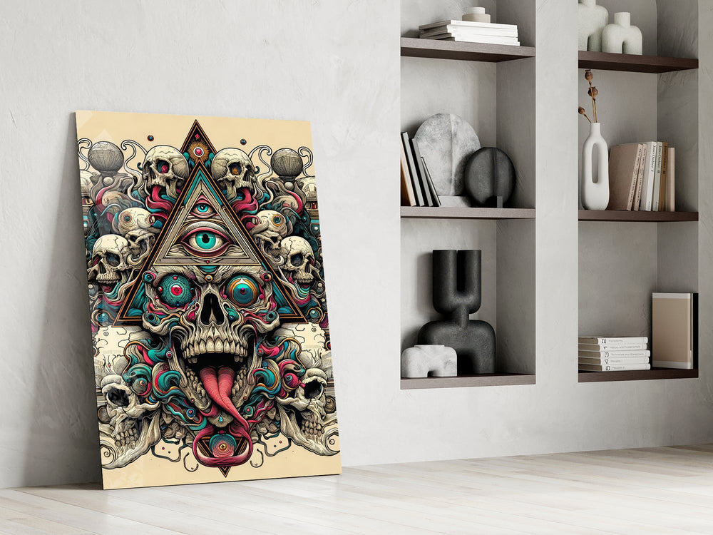 all seeing eye above a horned skull panel resting in a shelving niche in a modern interior
