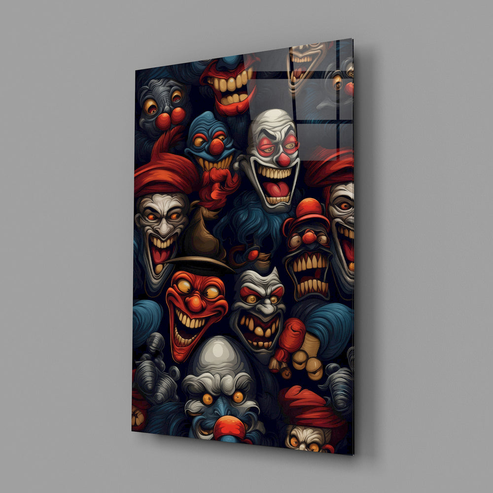 grinning dark carnival clown faces glass wall art angled to show the polished tempered glass panel