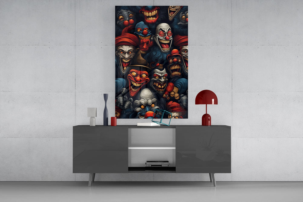 grinning dark carnival clown faces glass wall art displayed above a console in a designer interior