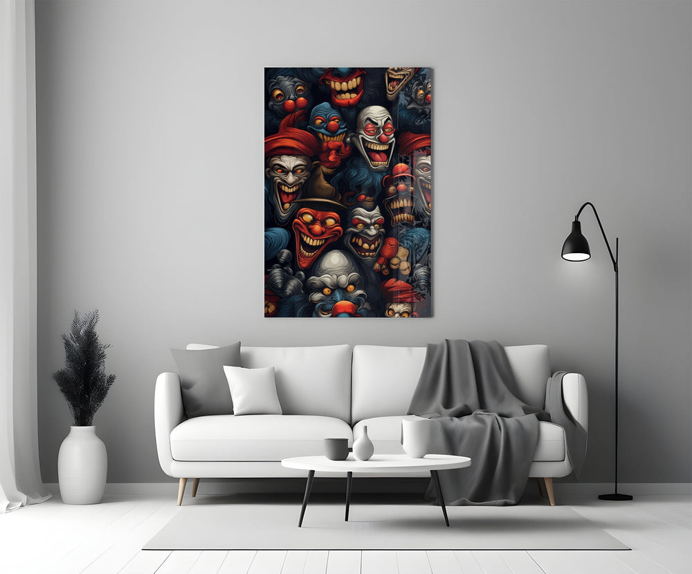 grinning dark carnival clown faces panel bringing character to a minimalist living room wall