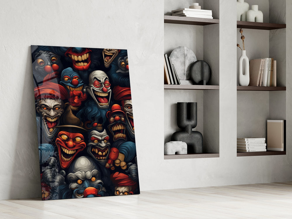 grinning dark carnival clown faces panel resting in a shelving niche in a modern interior