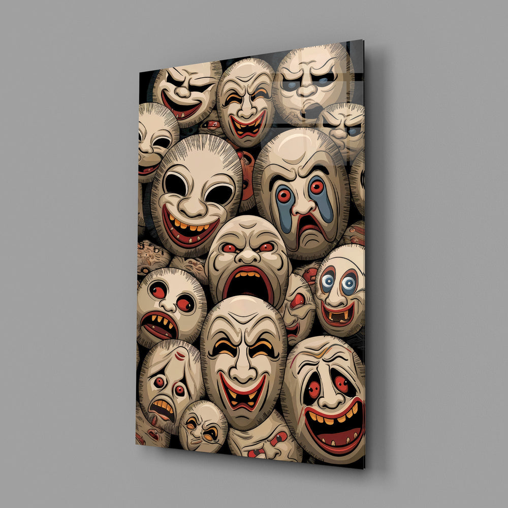 stacked sepia theatre masks glass wall art angled to show the polished tempered glass panel