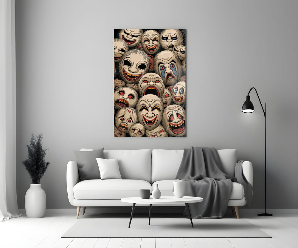 stacked sepia theatre masks panel bringing character to a minimalist living room wall