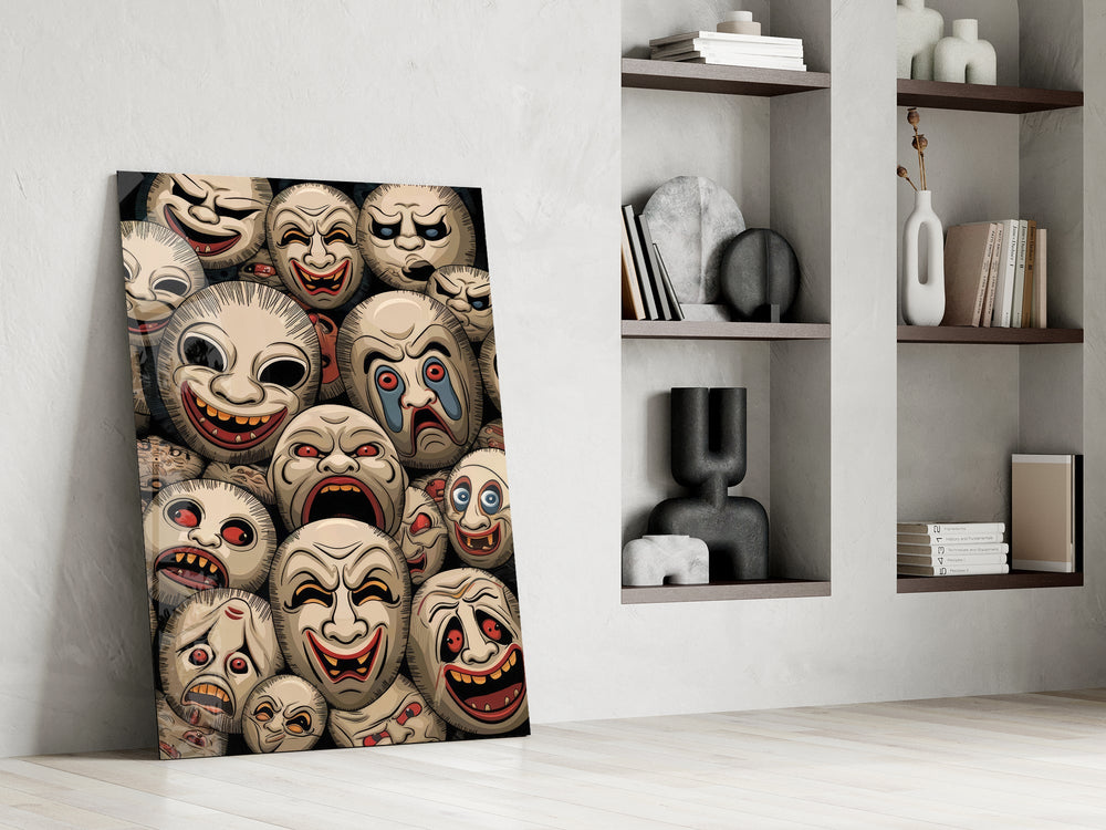 stacked sepia theatre masks panel resting in a shelving niche in a modern interior