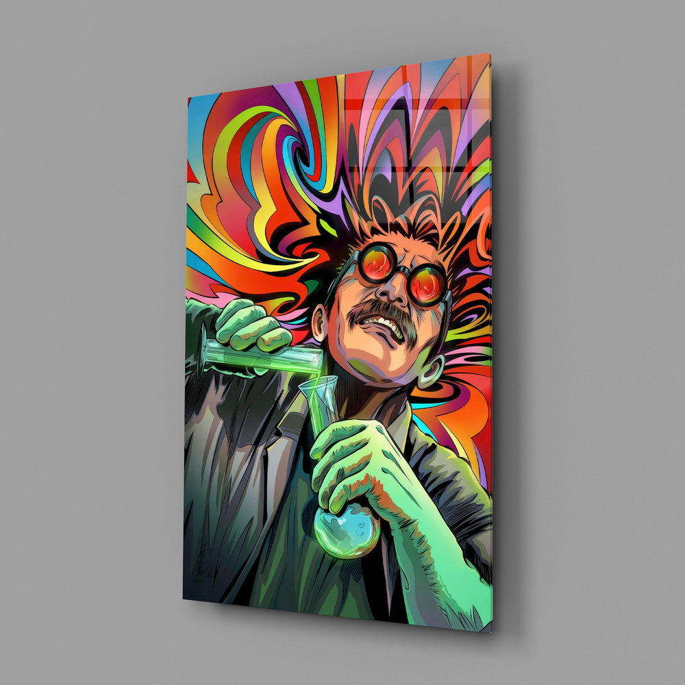 a mad scientist pouring a glowing green potion glass wall art angled to show the polished tempered glass panel