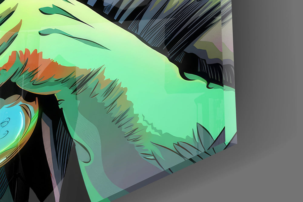 Close-up detail of the round red lenses of the goggles and the glowing green flask on the glass surface