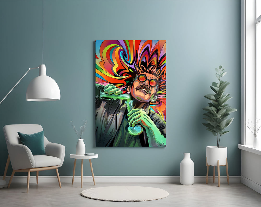a mad scientist pouring a glowing green potion glass wall art styled above an armchair in a reading corner