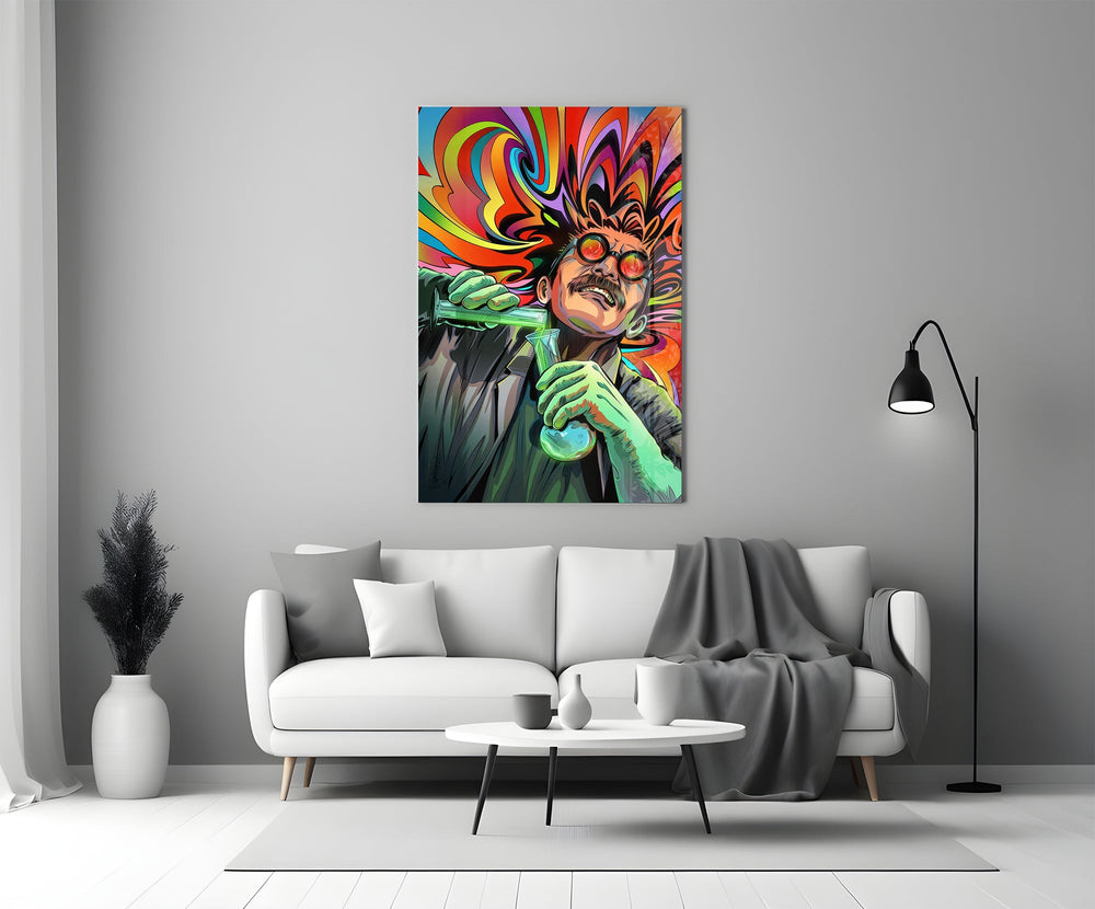 a mad scientist pouring a glowing green potion panel bringing character to a minimalist living room wall