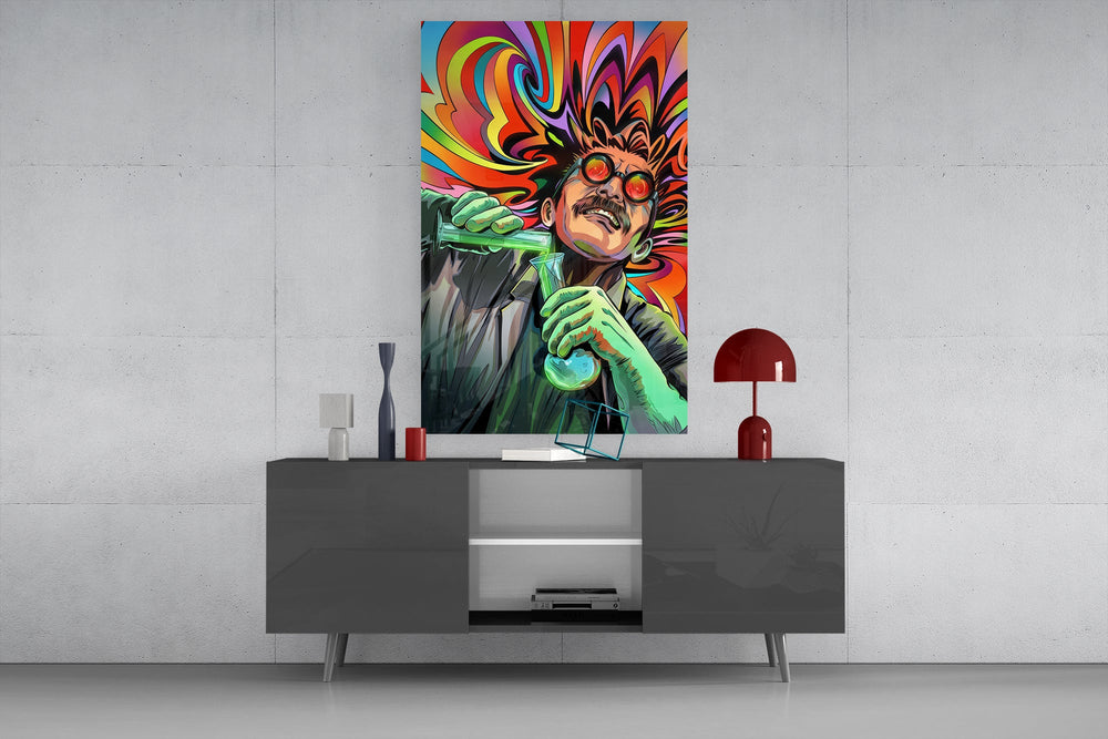 a mad scientist pouring a glowing green potion glass wall art displayed above a console in a designer interior