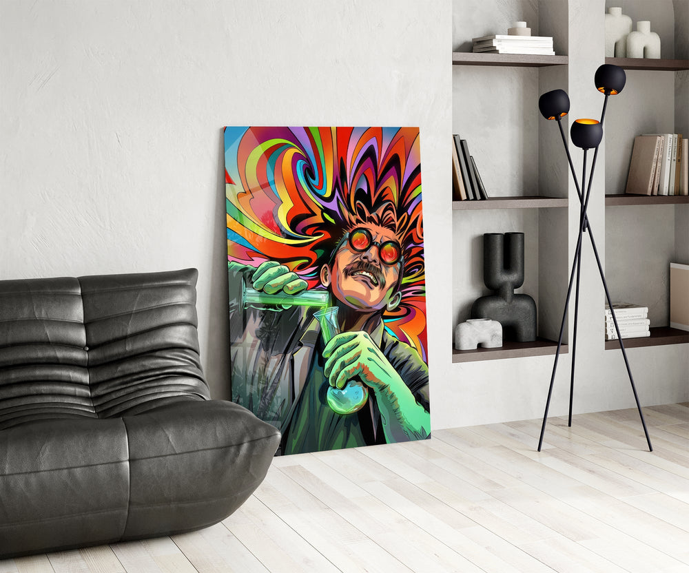 a mad scientist pouring a glowing green potion glass wall art leaning beside a dark leather sofa