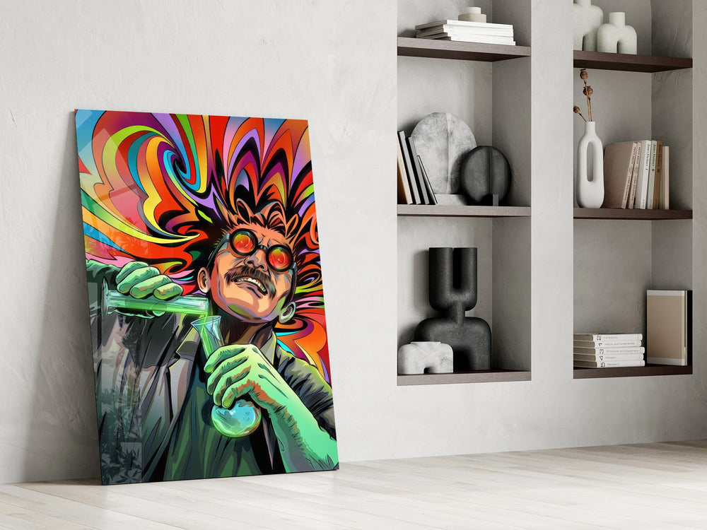 a mad scientist pouring a glowing green potion panel resting in a shelving niche in a modern interior