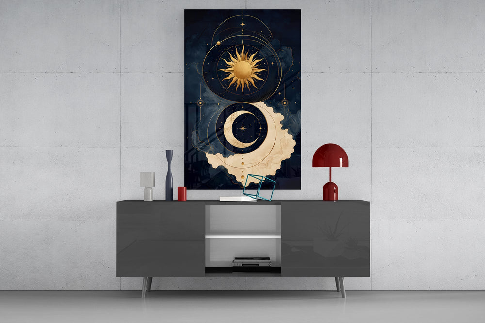 a gold sun and crescent moon on navy glass wall art displayed above a console in a designer interior