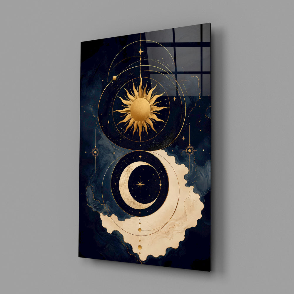 a gold sun and crescent moon on navy glass wall art angled to show the polished tempered glass panel