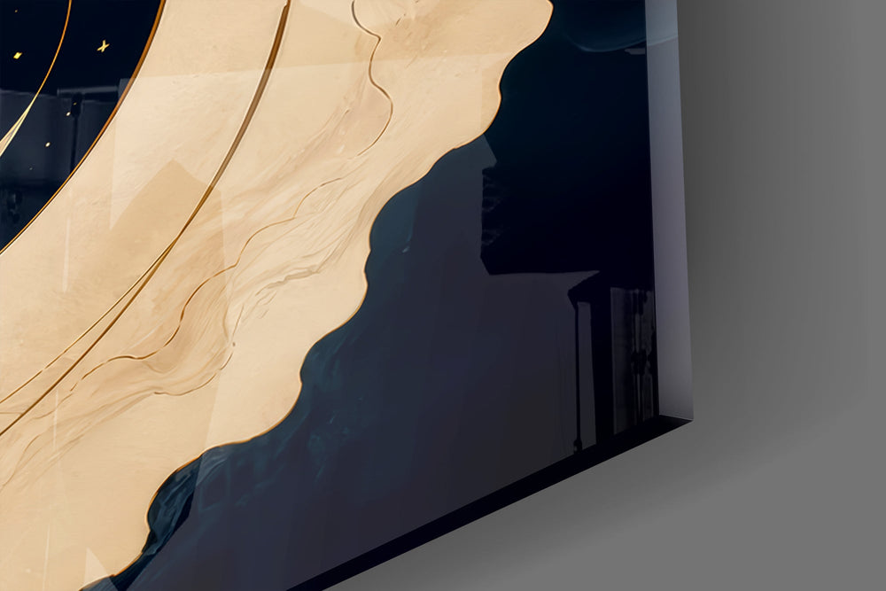 Close-up detail of the thin gold orbit rings and scattered star points on the glass surface