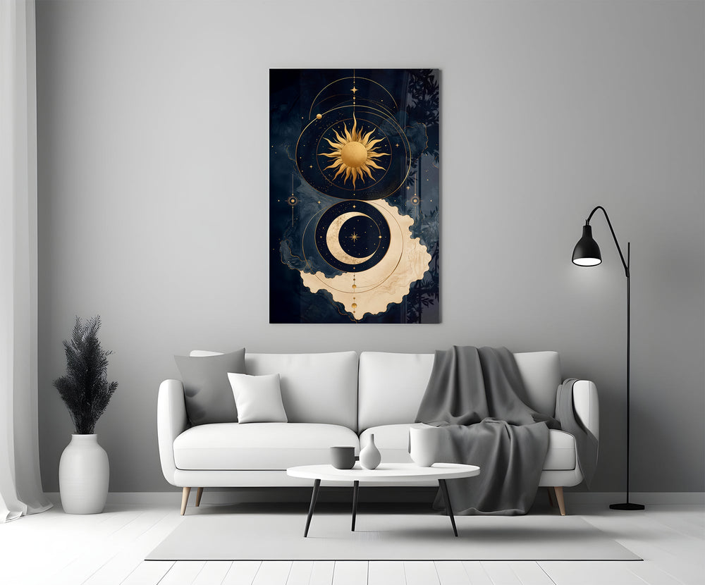 a gold sun and crescent moon on navy panel bringing character to a minimalist living room wall