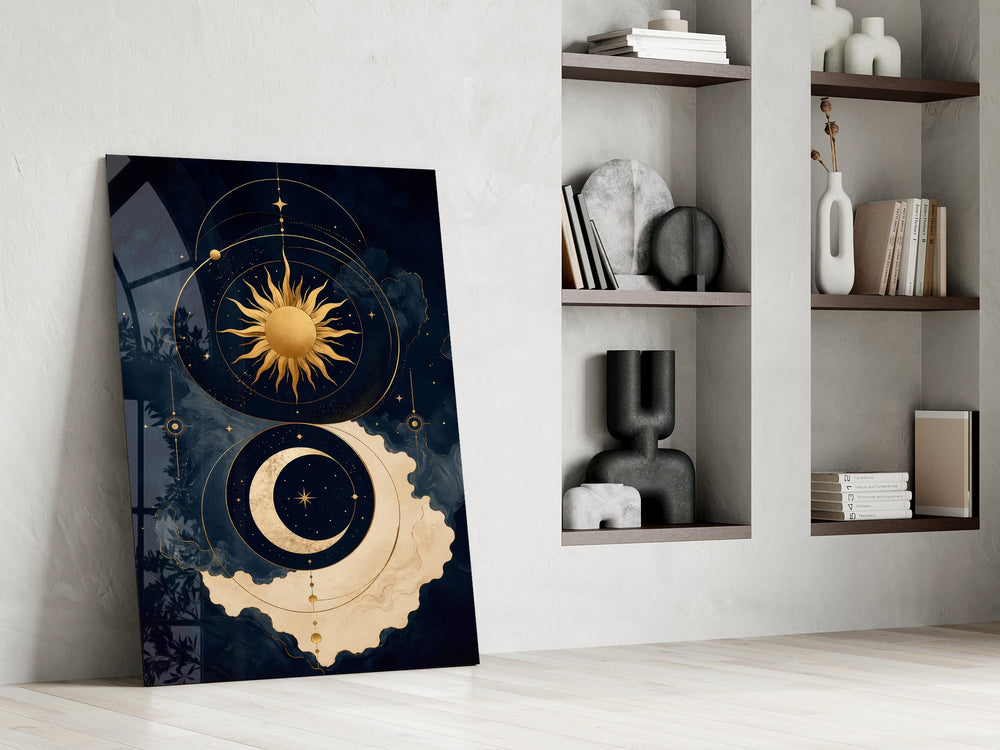 a gold sun and crescent moon on navy panel resting in a shelving niche in a modern interior