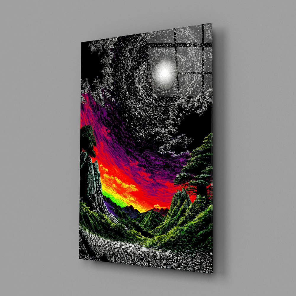 a neon valley under a moonlit rainbow sunset glass wall art angled to show the polished tempered glass panel