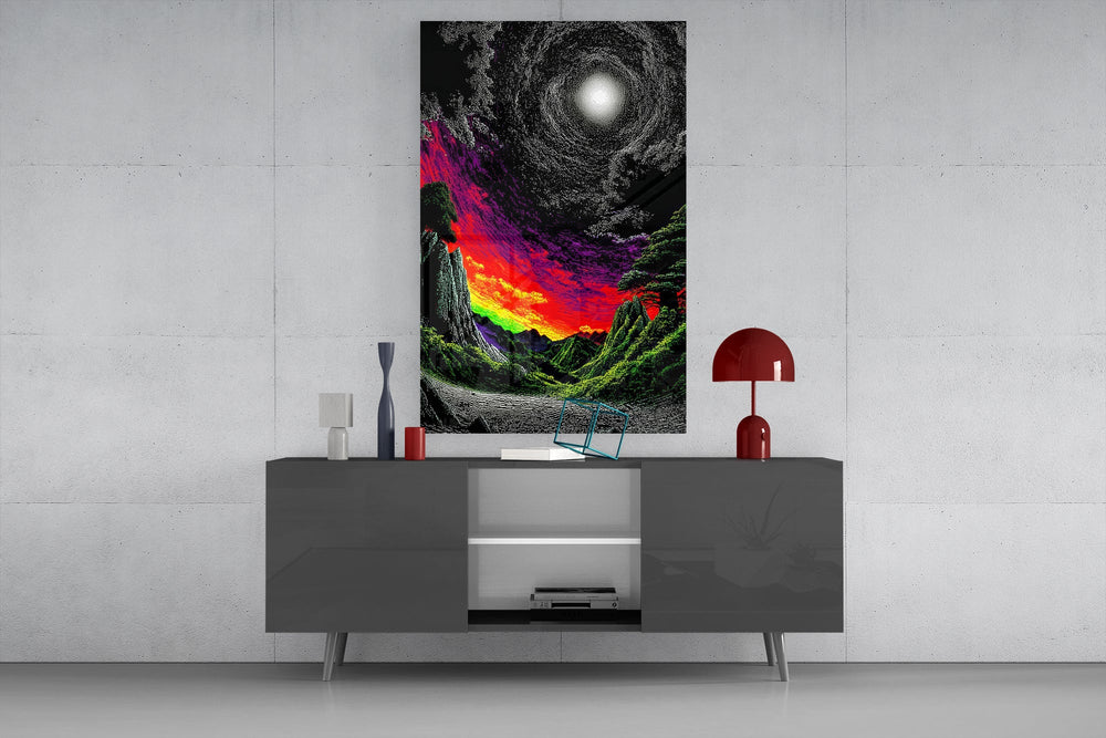 a neon valley under a moonlit rainbow sunset glass wall art displayed above a console in a designer interior
