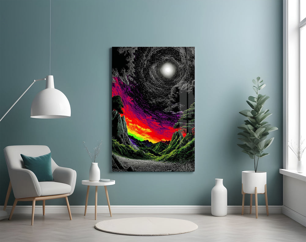 a neon valley under a moonlit rainbow sunset glass wall art styled above an armchair in a reading corner