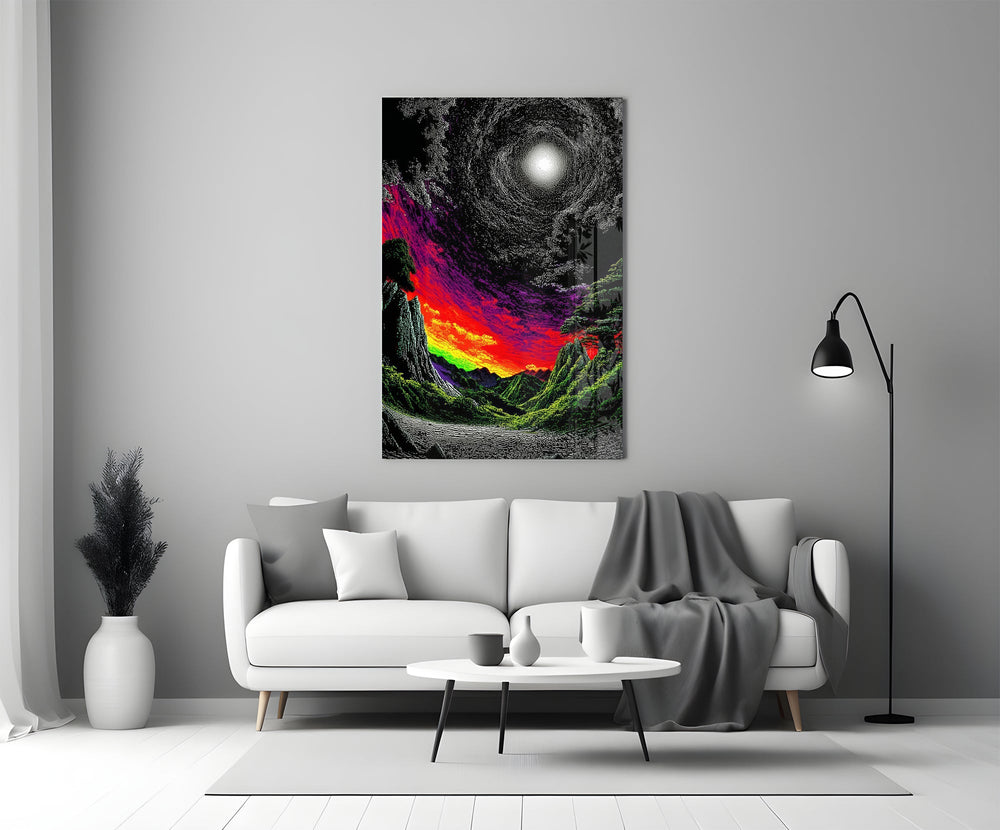 a neon valley under a moonlit rainbow sunset panel bringing character to a minimalist living room wall