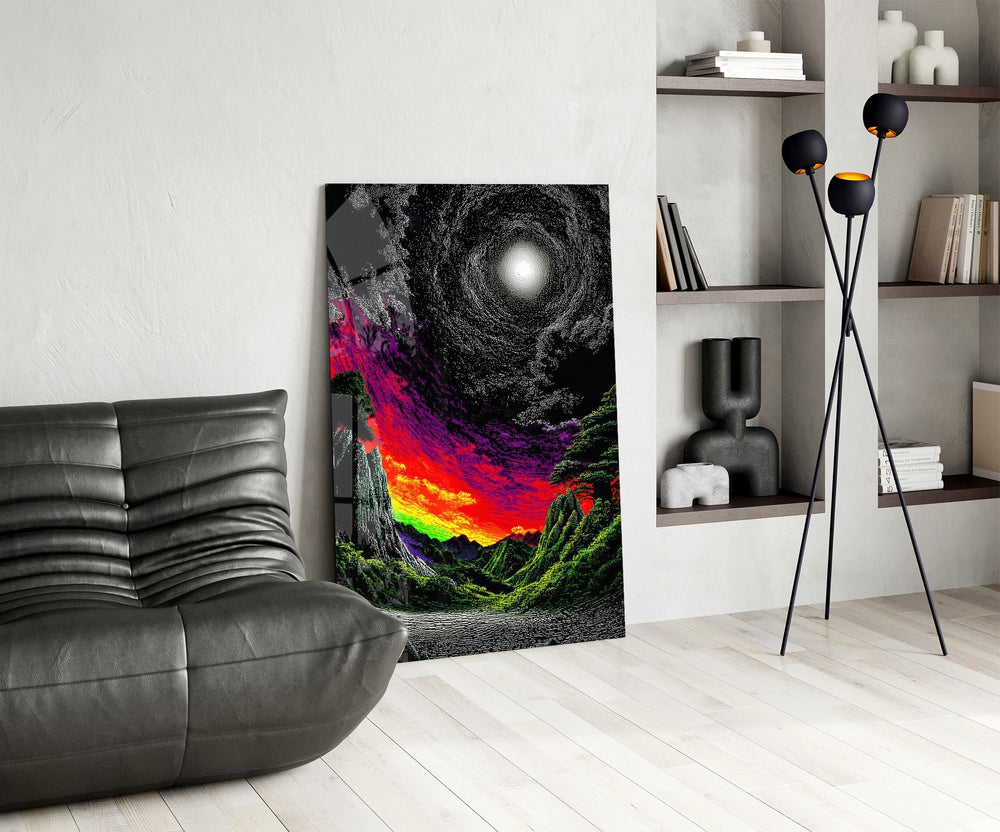 a neon valley under a moonlit rainbow sunset glass wall art leaning beside a dark leather sofa